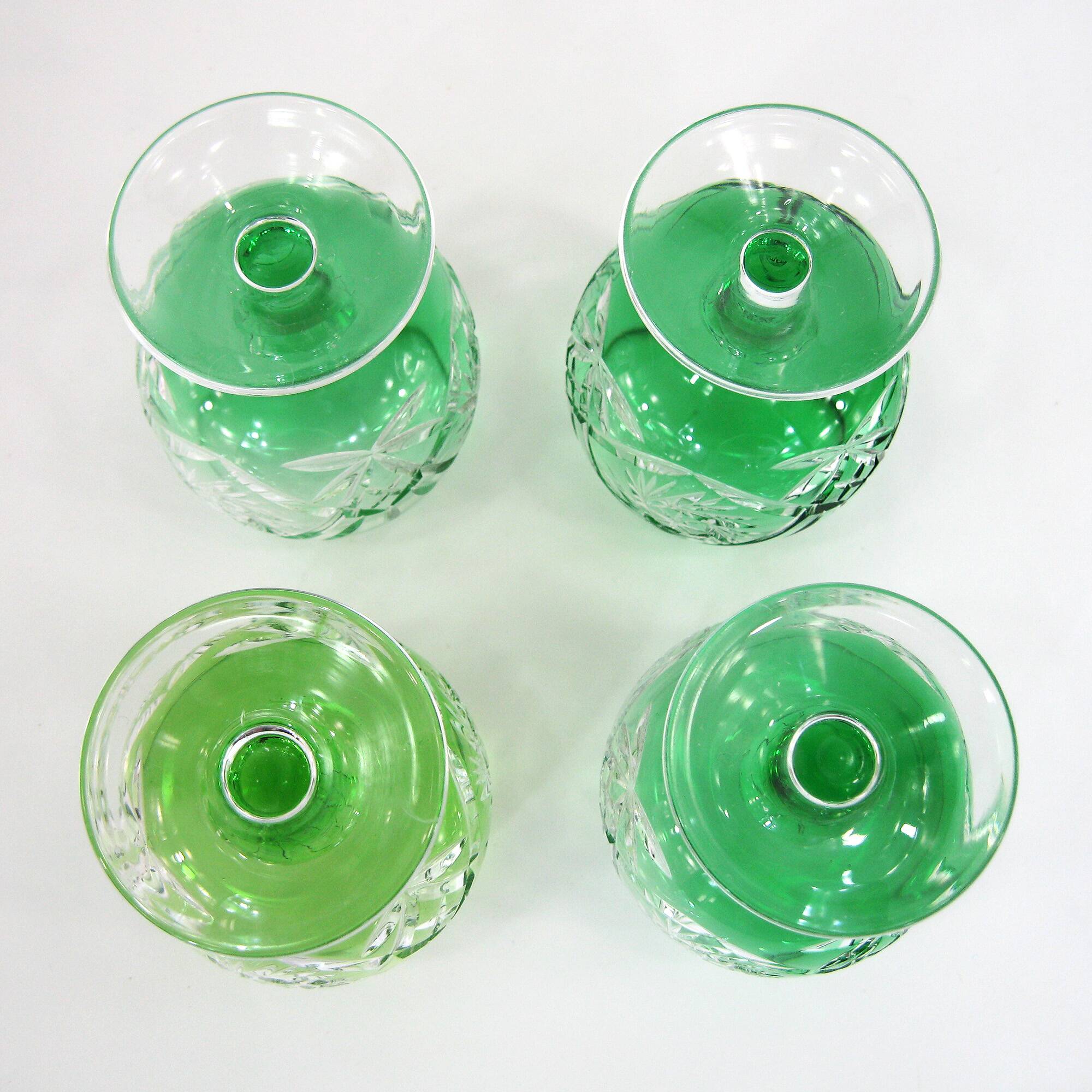 4 green cut crystal liqueur glasses - made in Germany - vintage 60s