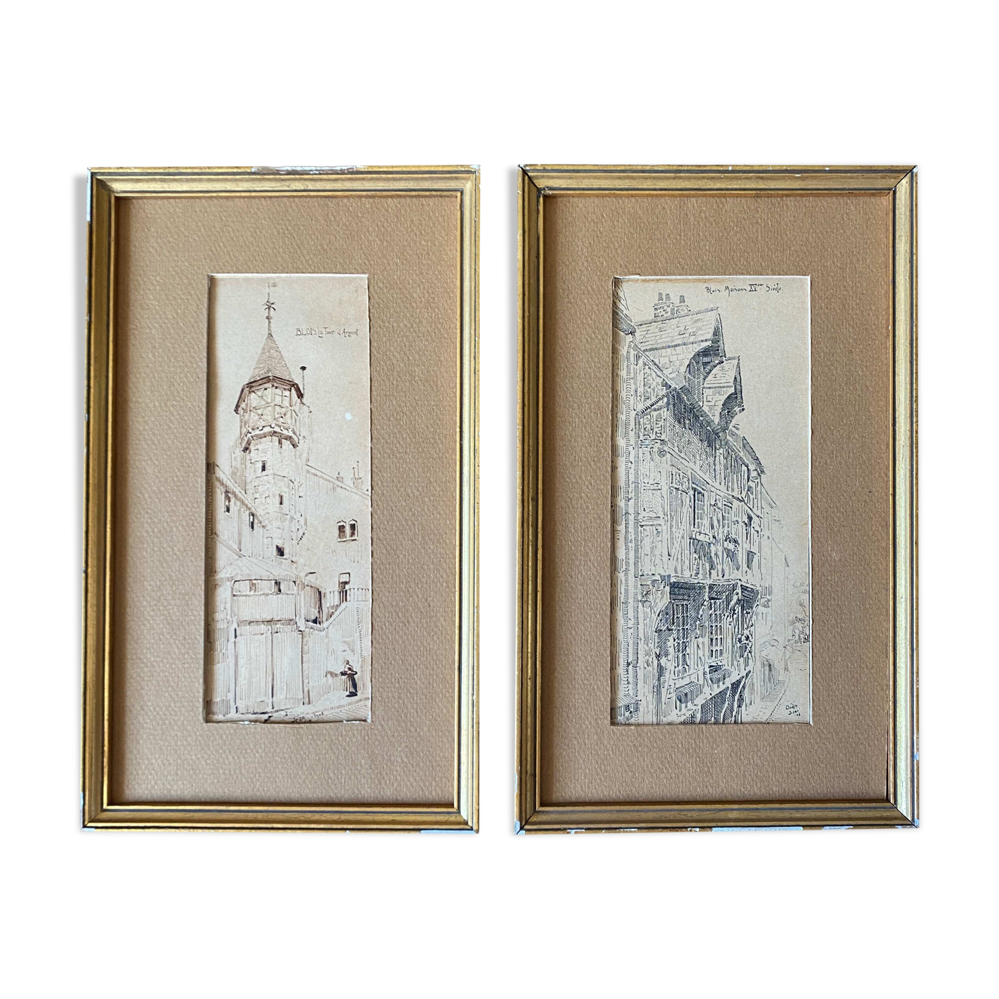 Painting pair of original pen ink seen by blois jean oudin