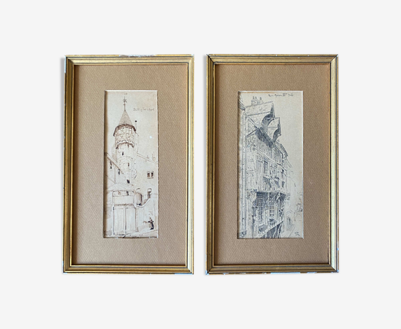 Tableau paire d'encre originale plume vue de blois jean oudin