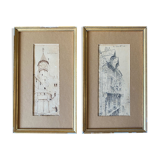 Painting pair of original pen ink seen by blois jean oudin