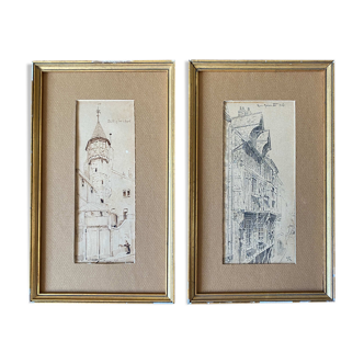 Painting pair of original pen ink seen by blois jean oudin