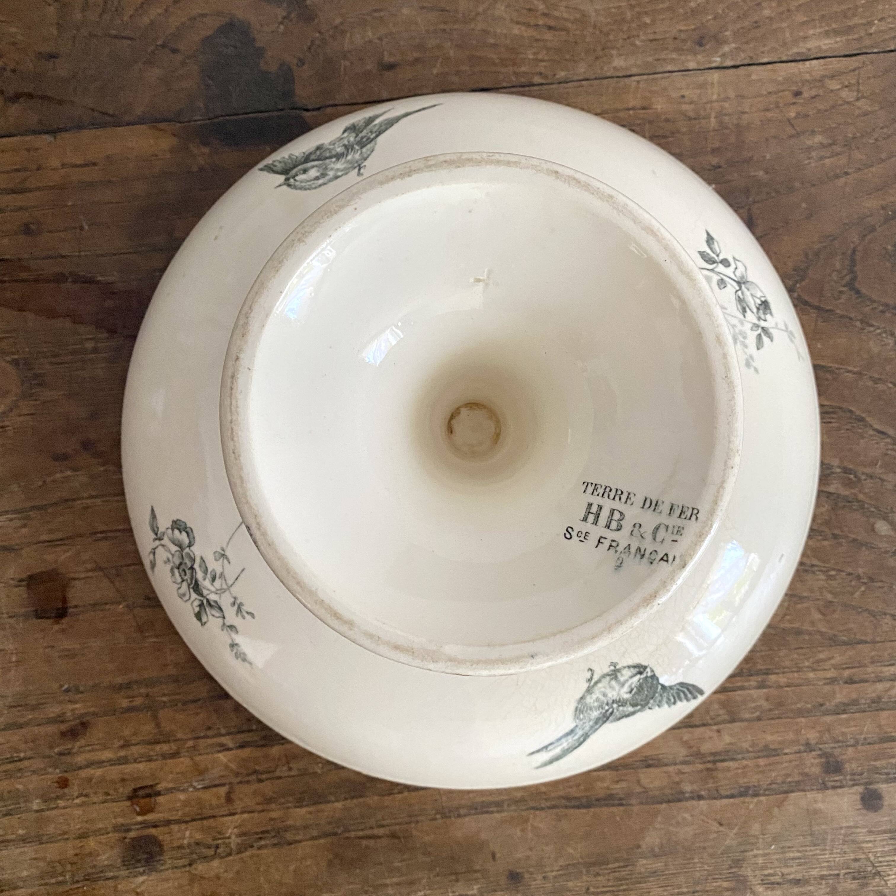 HB&Cie ironstone fruit bowl decorated with flowers, birds and butterflies