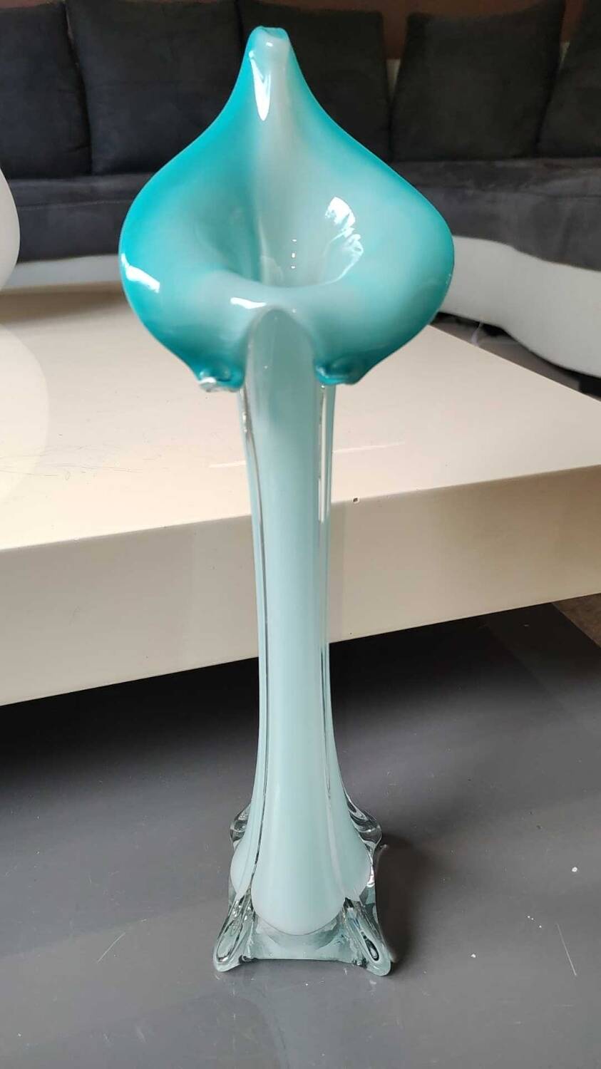 Soliflore vase in floral shape/Arum Flower. In opaline/blown glass. High 34 cm