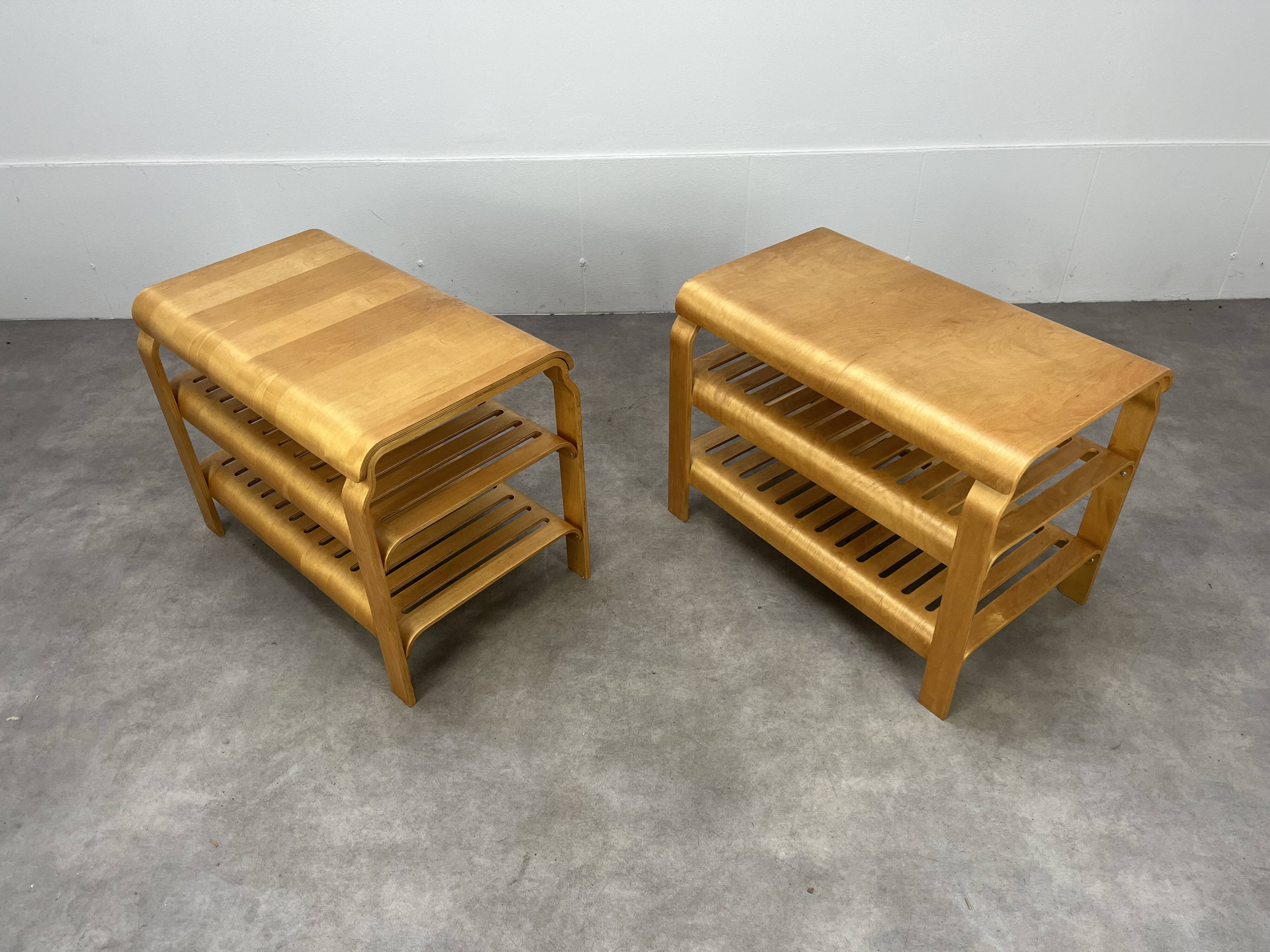 Pair of curved wooden entrance benches 1980