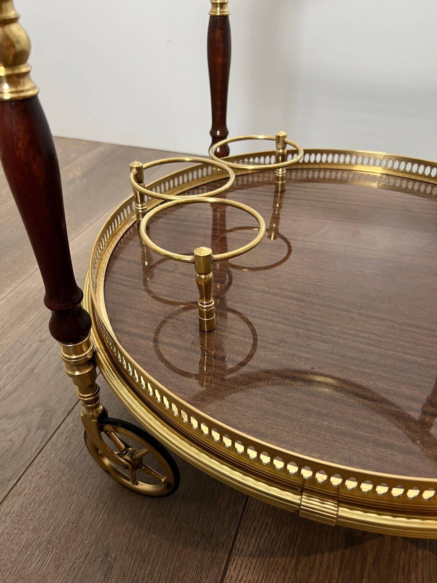 Oval Rolling Table in Brass and Mahogany with Openwork Gallery and Bottle Holder