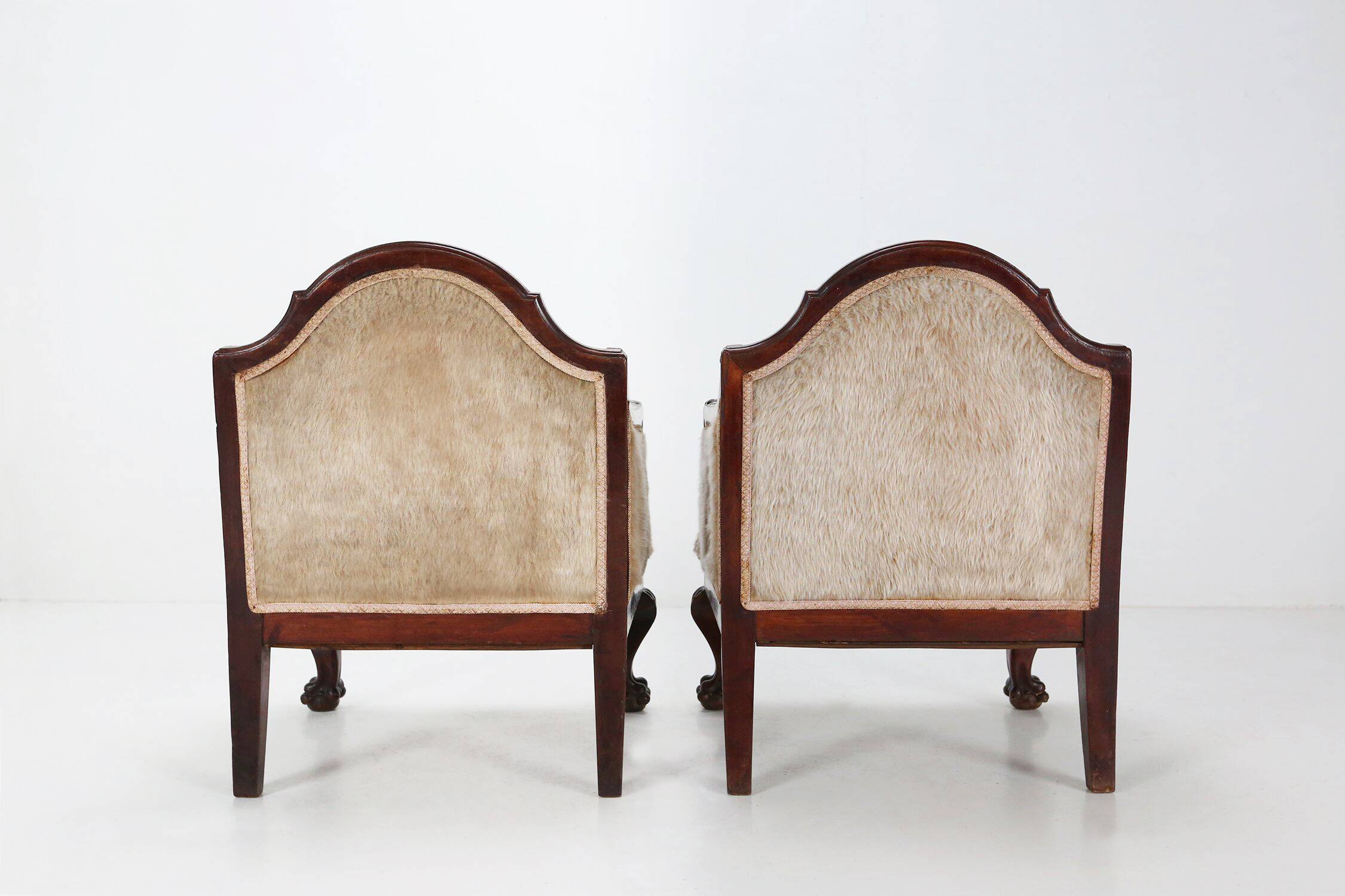 Set early Empire solid mahogany wood and sheepskin armchairs, 1820s