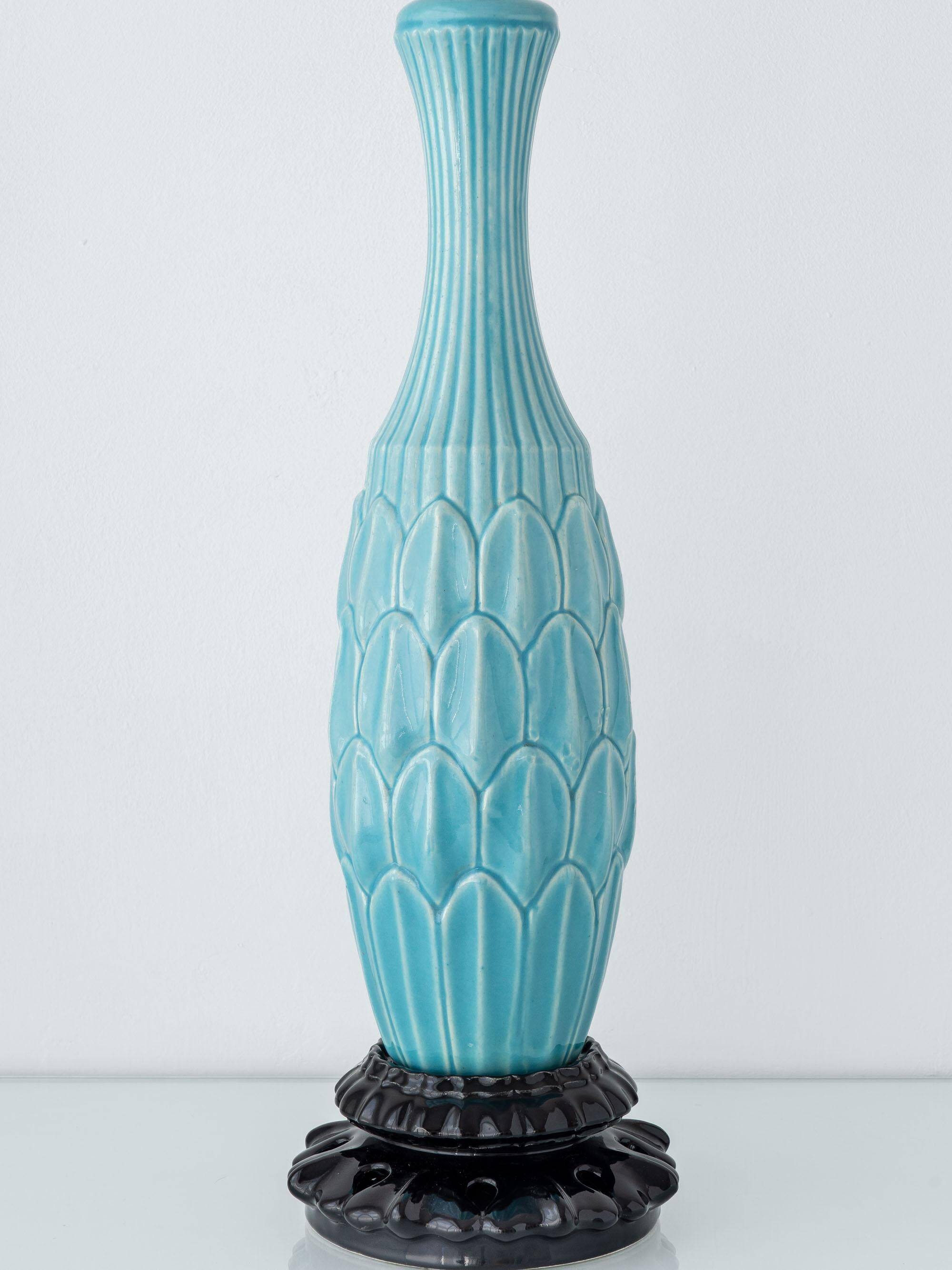 XXL Spanish sculptural table lamp in turquoise ceramic, 1960s, new Liberty lampshade.