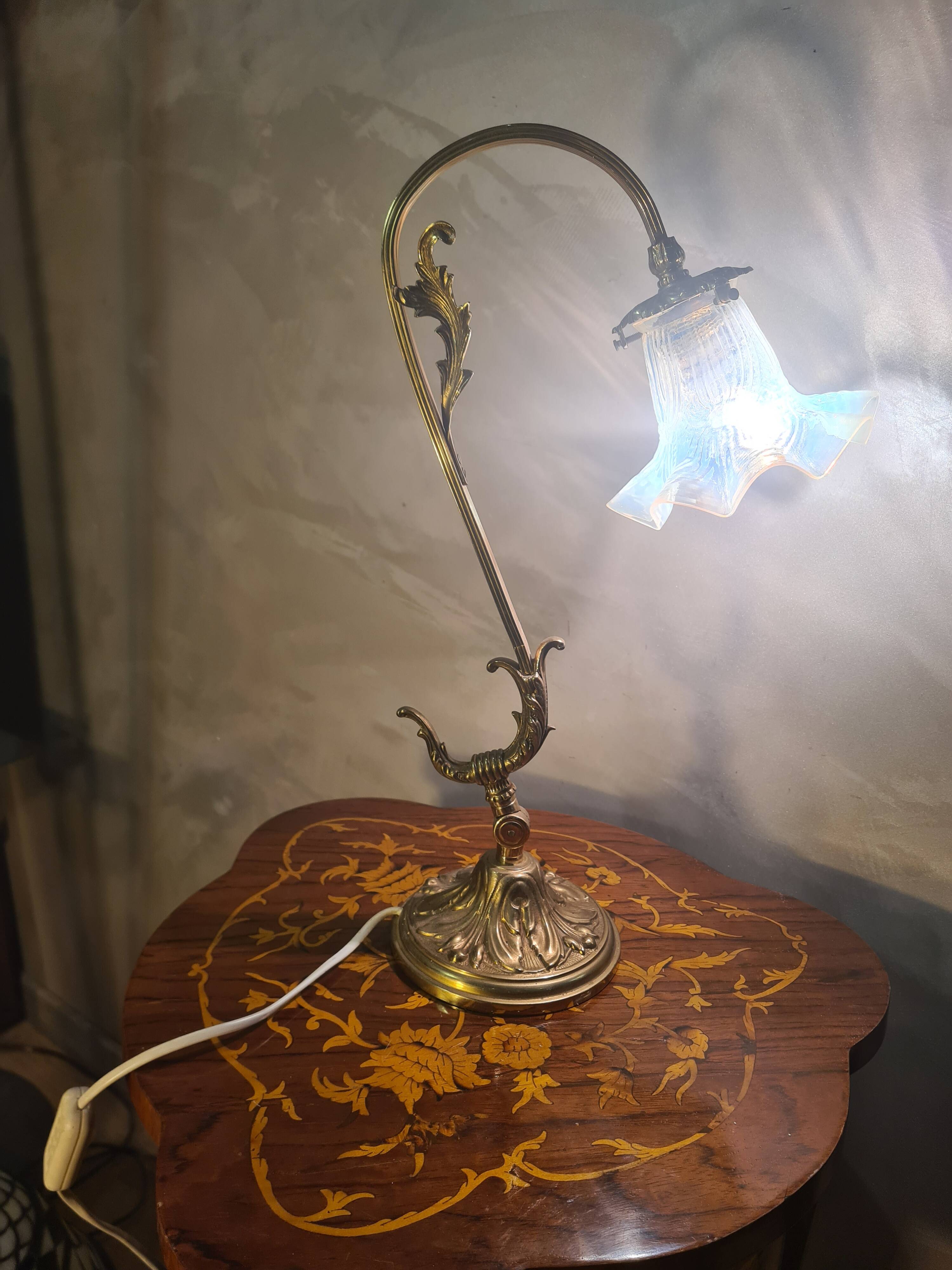 bronze and brass lamp with a magnificent blue moulded tulip, opalescent,