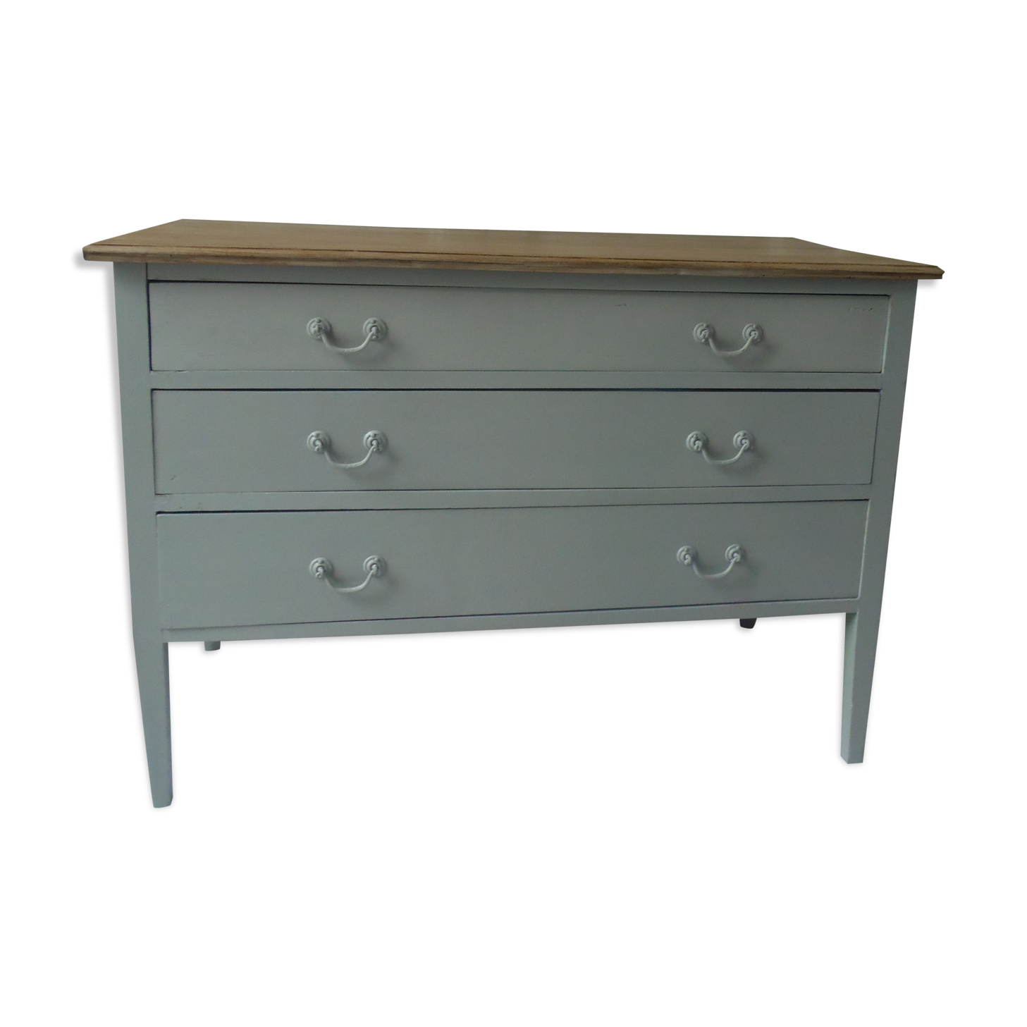 Green green vintage chest of drawers of gray, wood top.