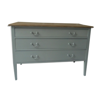 Commode vintage vert de gris , plateau bois.