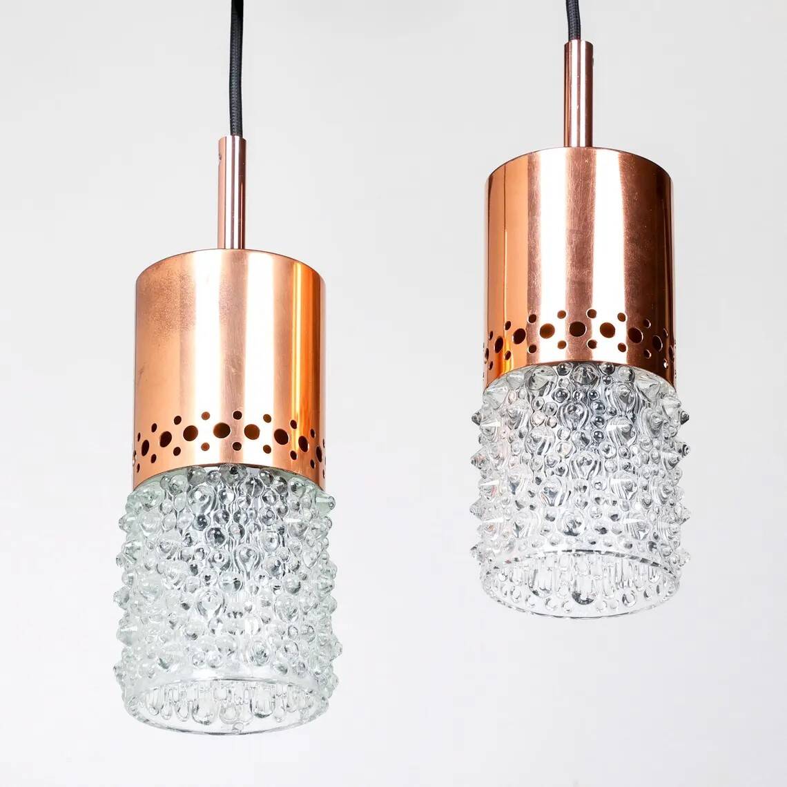 Set of 3 copper and bubble glass pendant lights by VEB NARVA Leuchten, ann