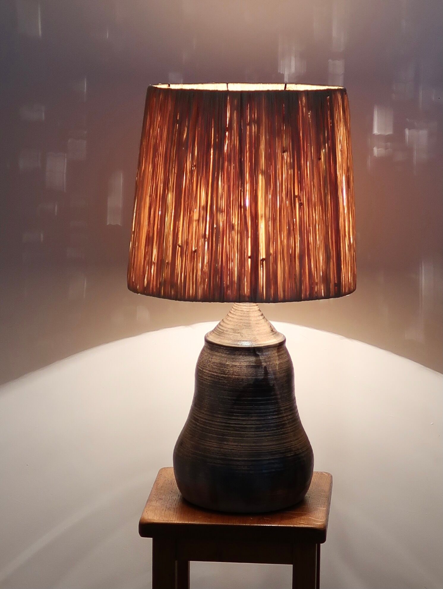 Signed ceramic lamp, raffia lampshade, 70s