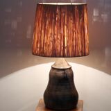 Signed ceramic lamp, raffia lampshade, 70s