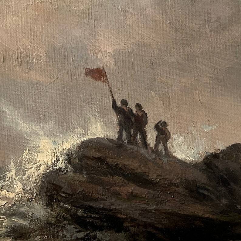 Peinture à l'huile de grand voilier vintage du milieu du siècle