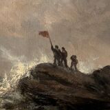 Peinture à l'huile de grand voilier vintage du milieu du siècle