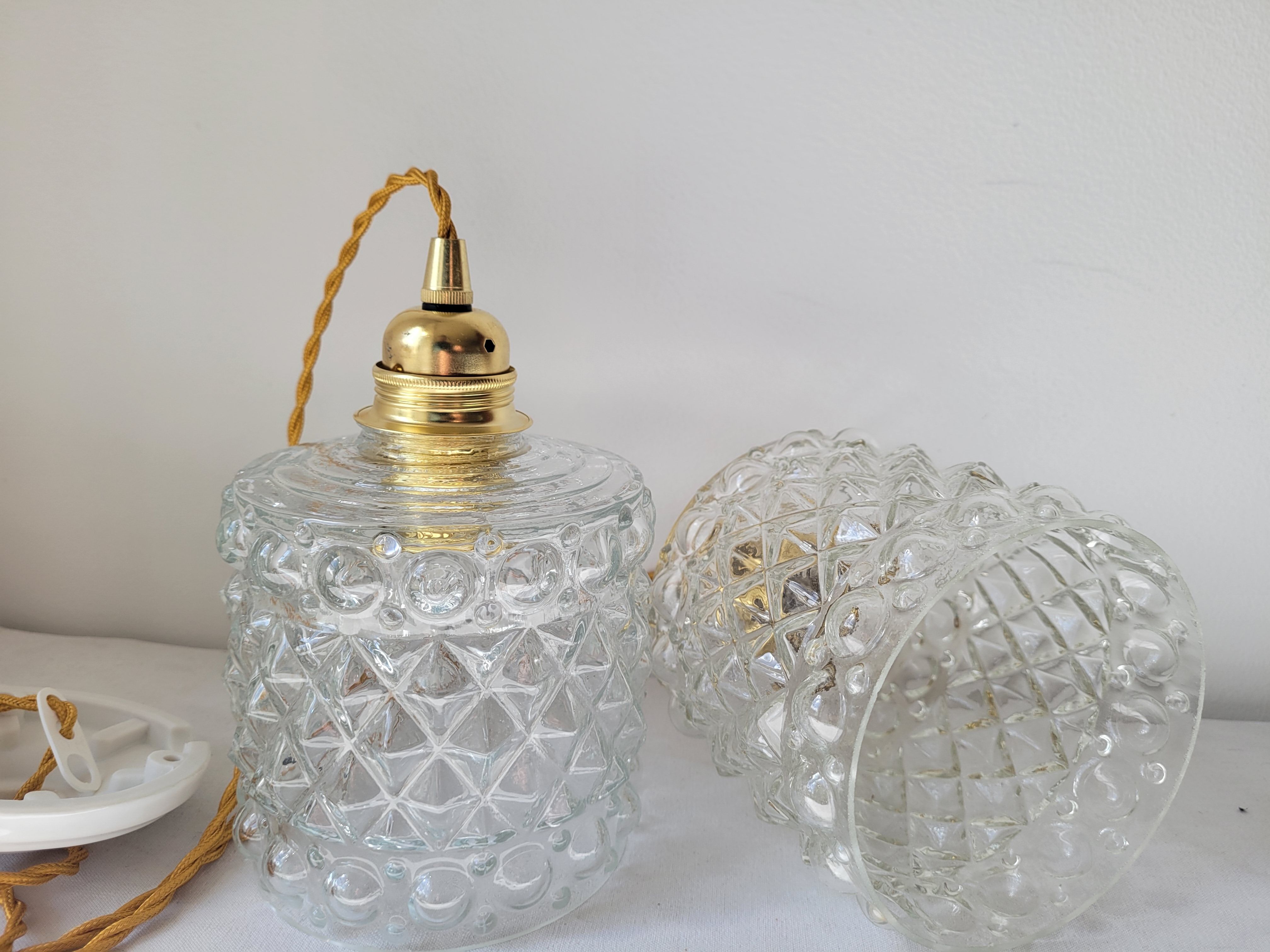 Duo of molded glass pendant lights