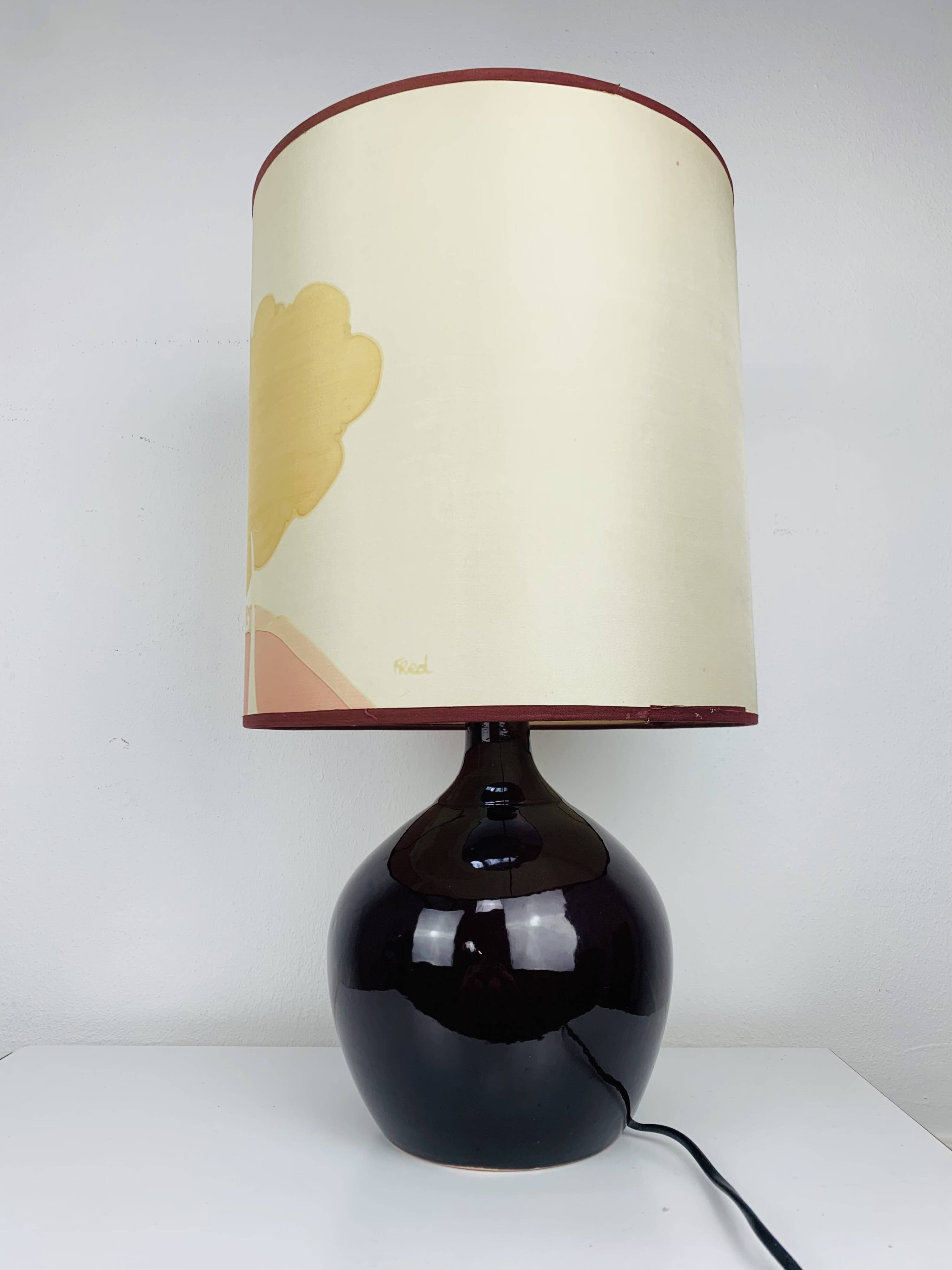 Purple ceramic ball lamp 55 cm from the 60s, silk lampshade