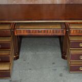 Restored antique Russian hardwood partner desk and leather armchair.