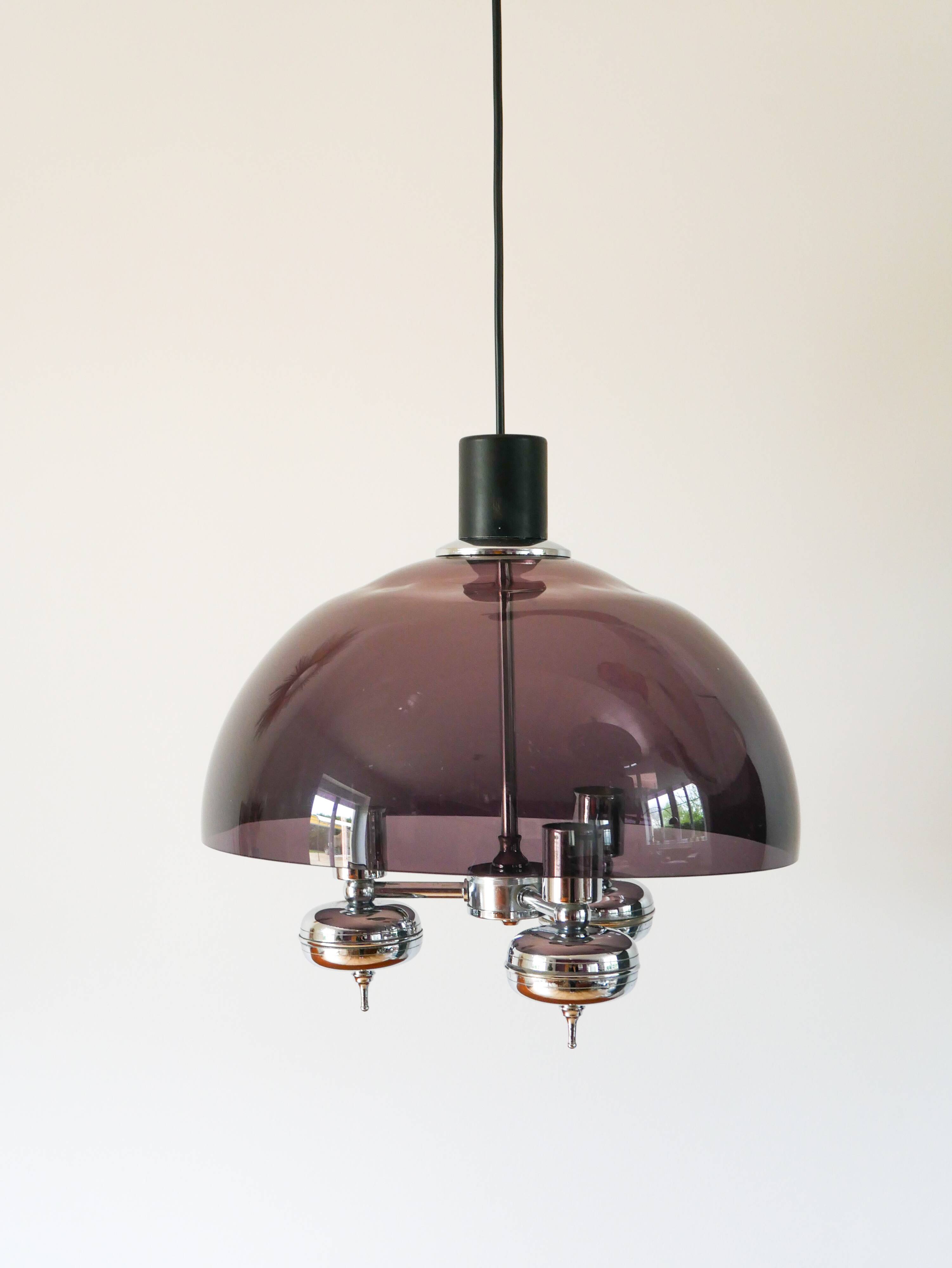 Three-branched chandelier in smoked plexi and chrome, Space Age, 1970