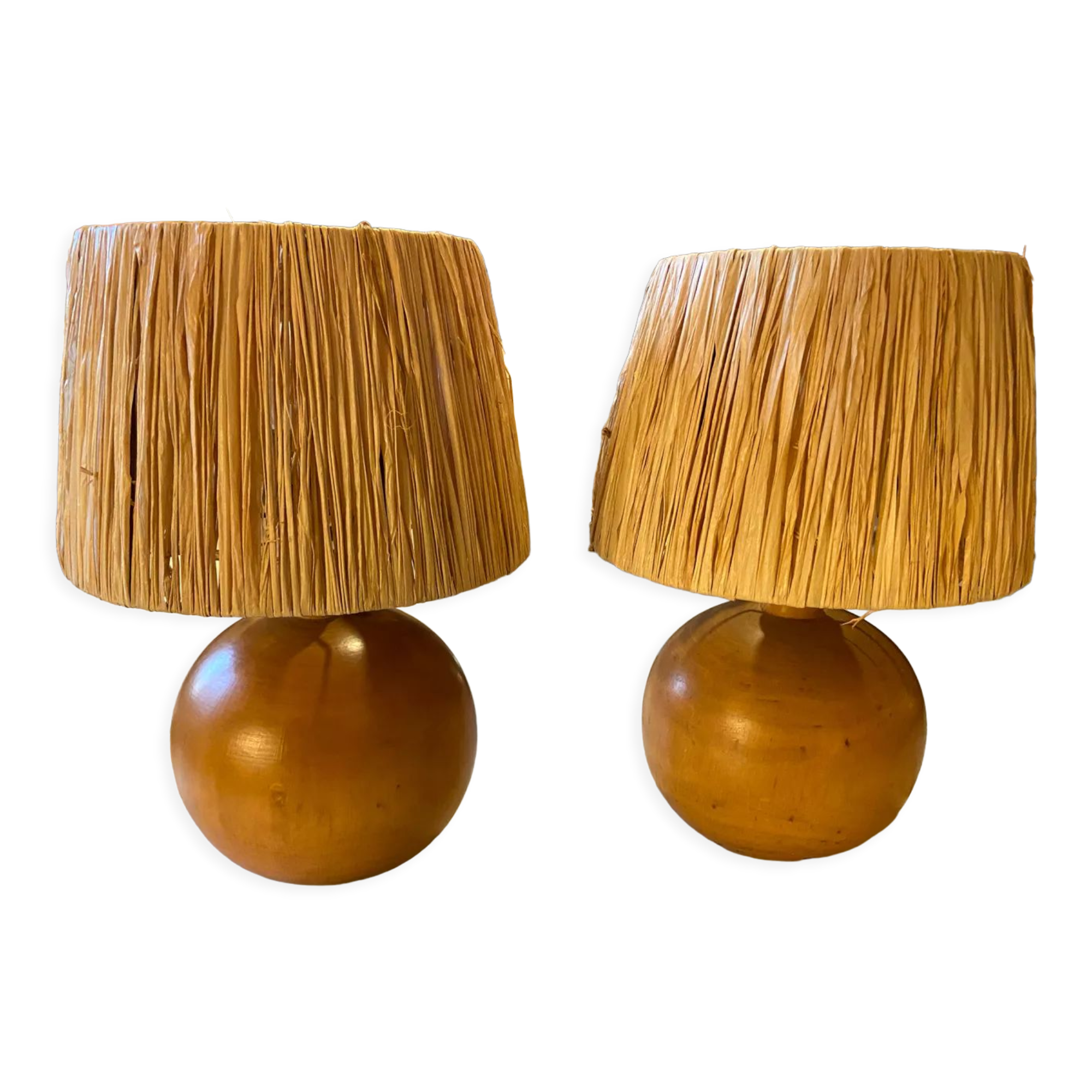 Pair of bedside lamps made of wood and vintage raffia