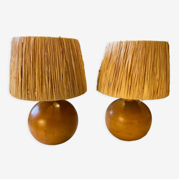 Pair of bedside lamps made of wood and vintage raffia