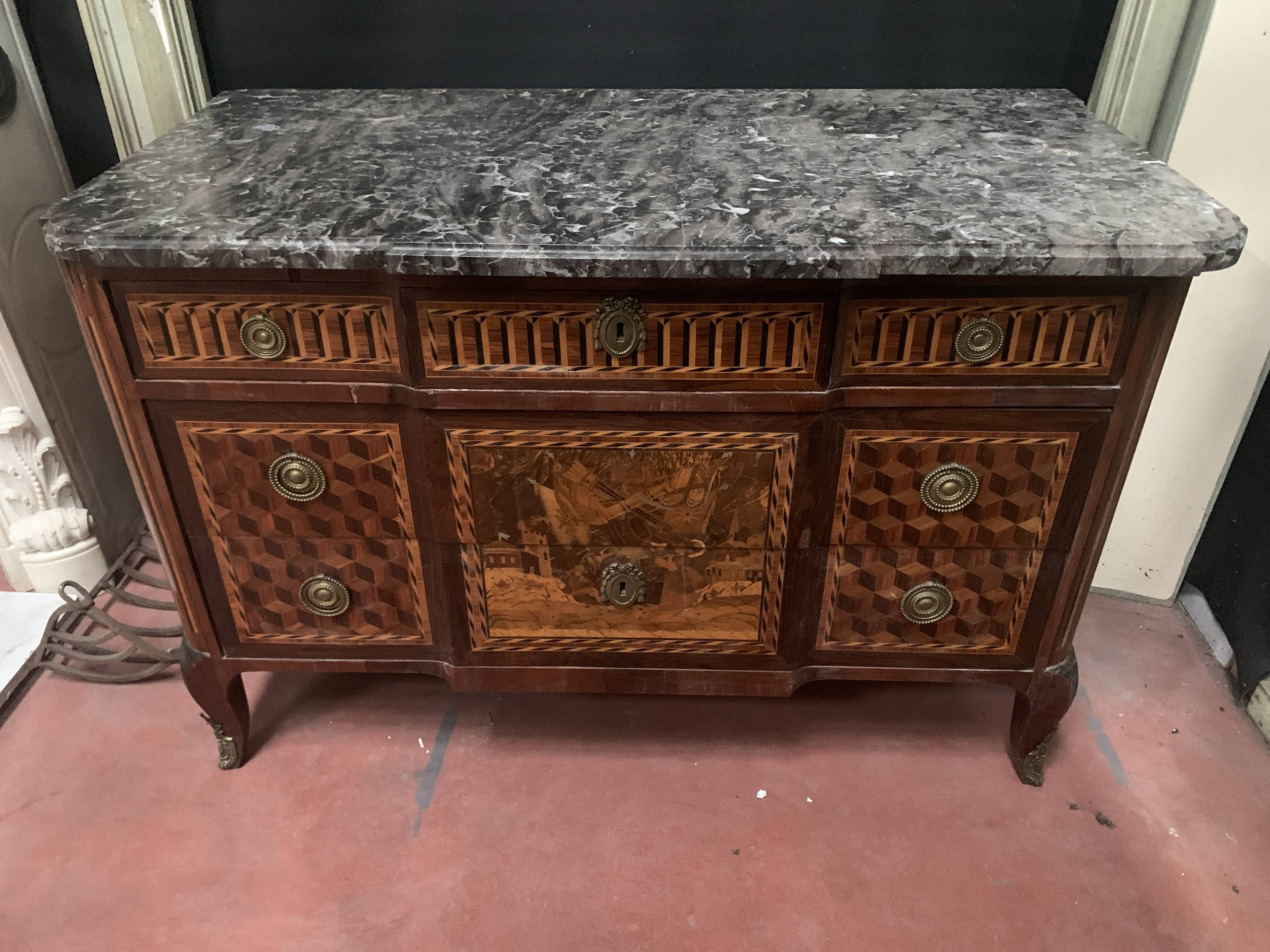 Transition chest of drawers in rosewood and amaranth veneer, 19th century