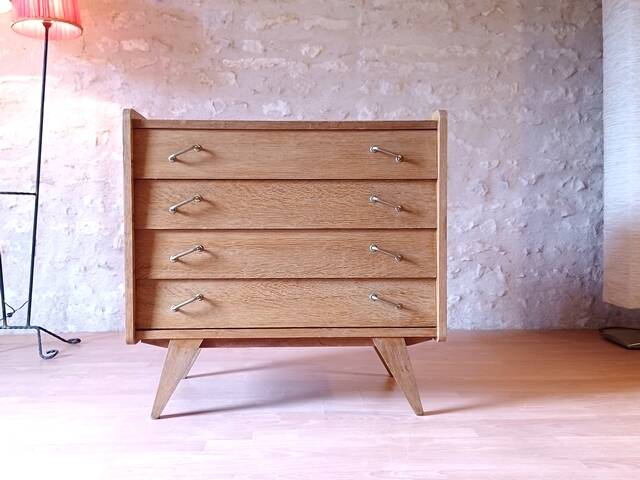 Renovated vintage chest of drawers with compass legs in light gilded wood, 1950-1960