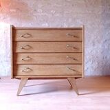 Renovated vintage chest of drawers with compass legs in light gilded wood, 1950-1960