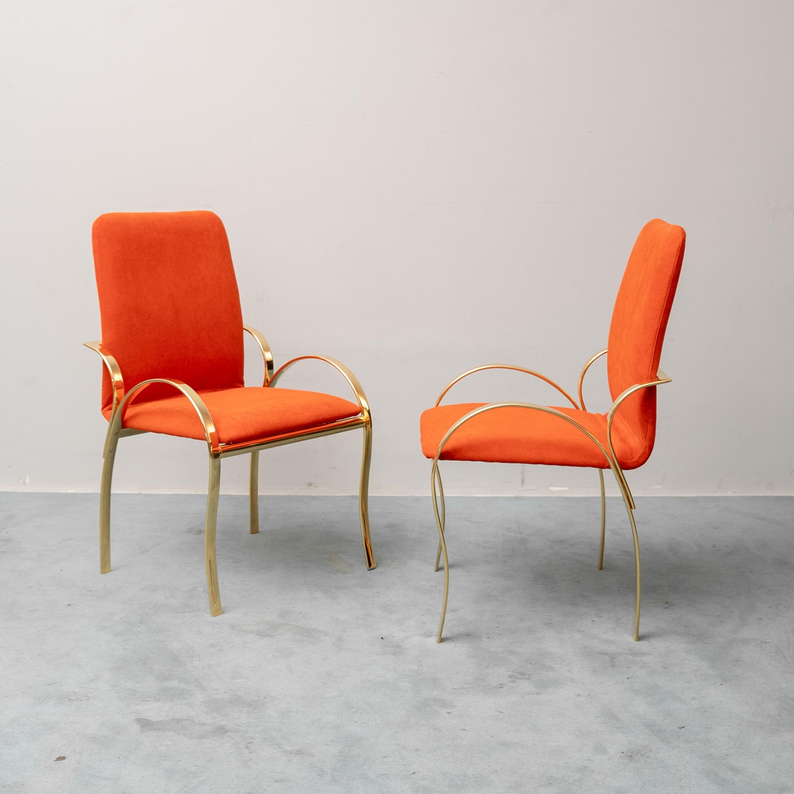 Set of 4 vintage golden metal and orange fabric chairs, 1970s modernist