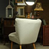 Fauteuil club vintage expo '58 tapisserie boucle blanche entièrement rénovée salon style art déco