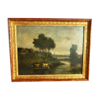 Huile sur toile signée représentant une Ecole de Barbizon du XIXe siècle
