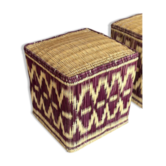 Pouf en rotin et osier bordeaux