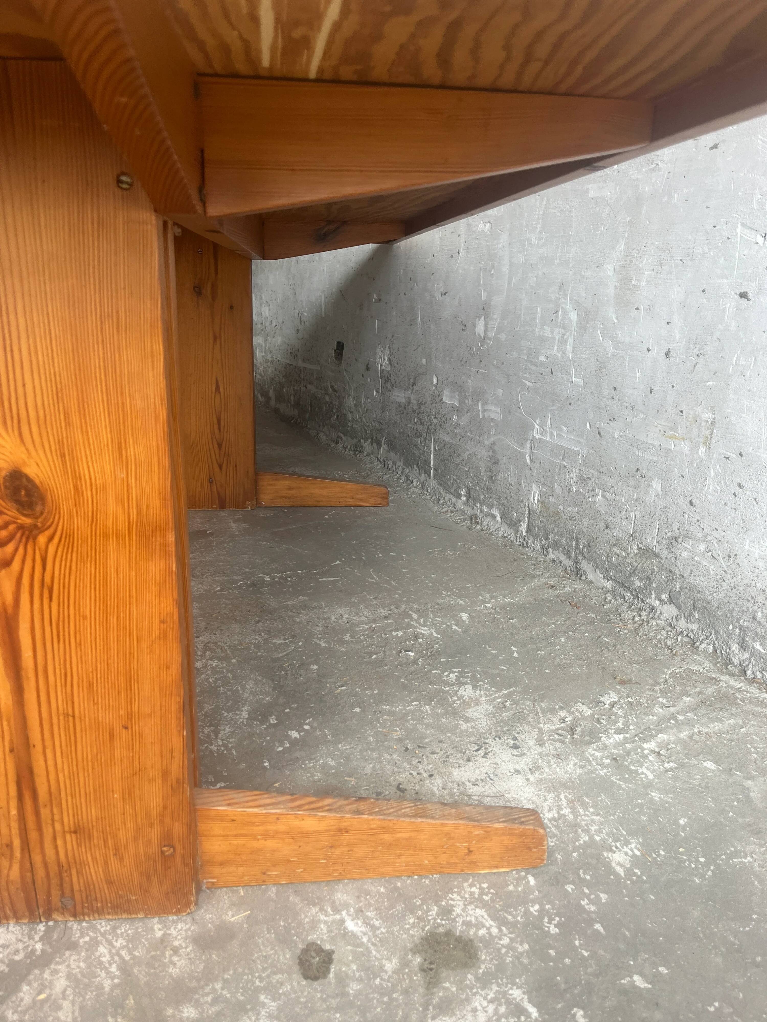 Brutalist Honey-Brown Pine Trestle Dining Table,  1970s France