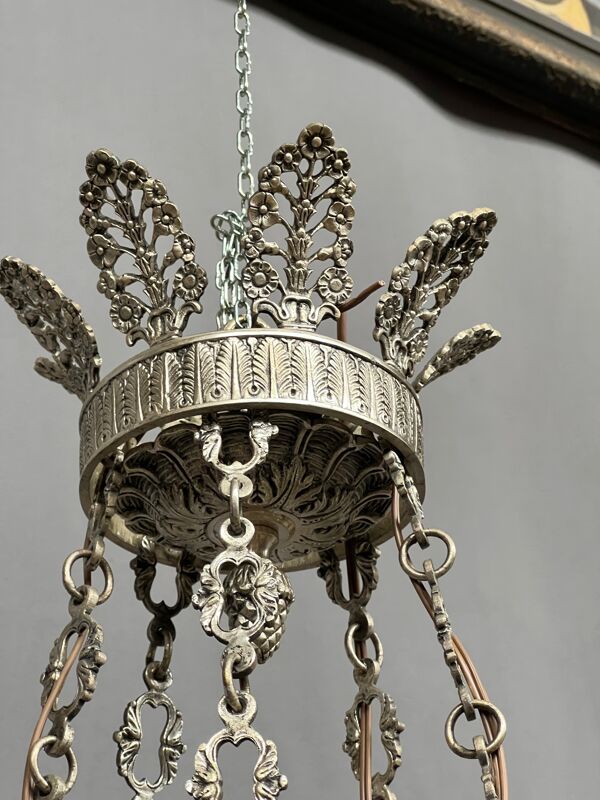 Grand lustre ancien rare en bronze massif argenté de style Empire 12 points lumineux.