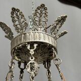 Large, rare antique chandelier in solid silver-plated bronze, Empire style, 12 light points.