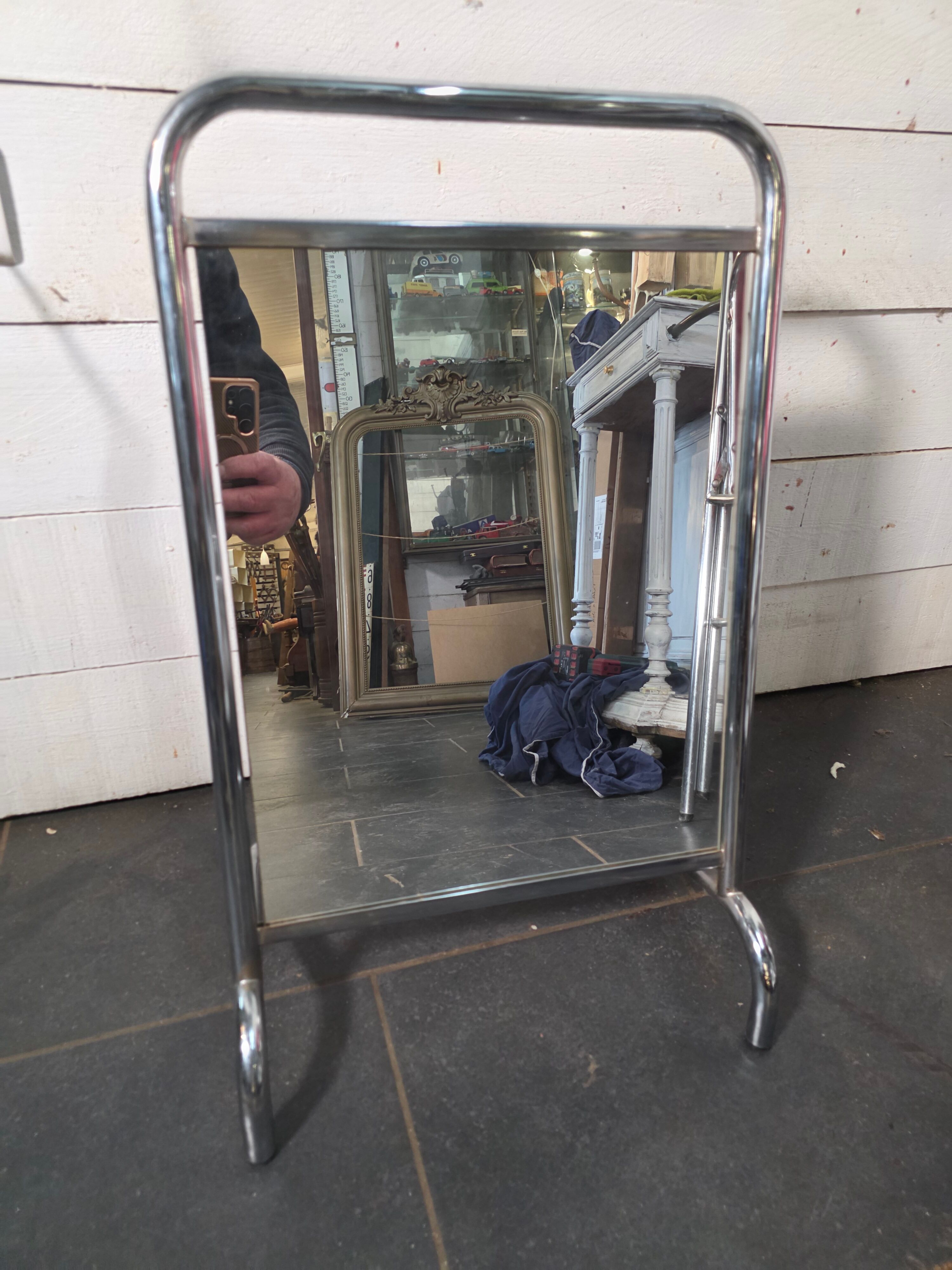 Chrome metal freestanding dressing mirror from the 1970s.