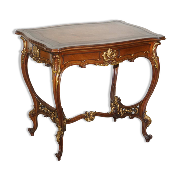 Pine desk with leather and gilding, late Victorian period around 1900.