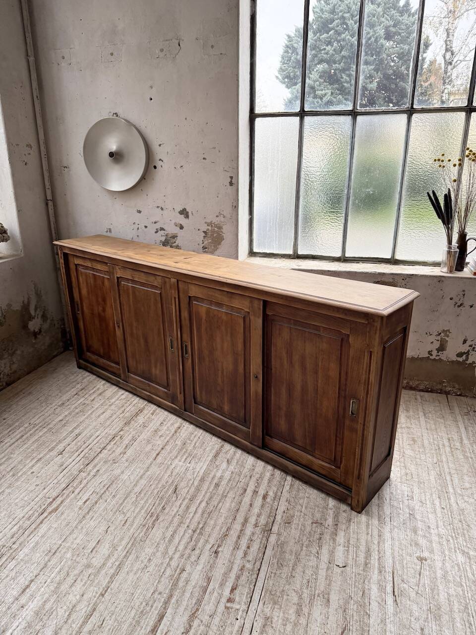 XL oak workshop sideboard with sliding doors from 1900