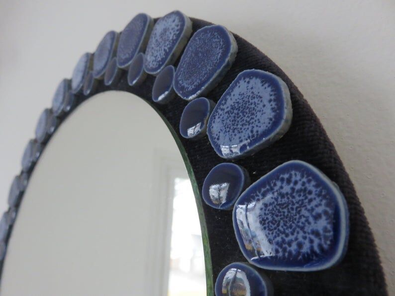 Blue ceramic round mirror 60 70s