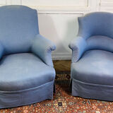 Paire de fauteuils crapauds Napoleon III tapisserie bleue - France 19eme siècle