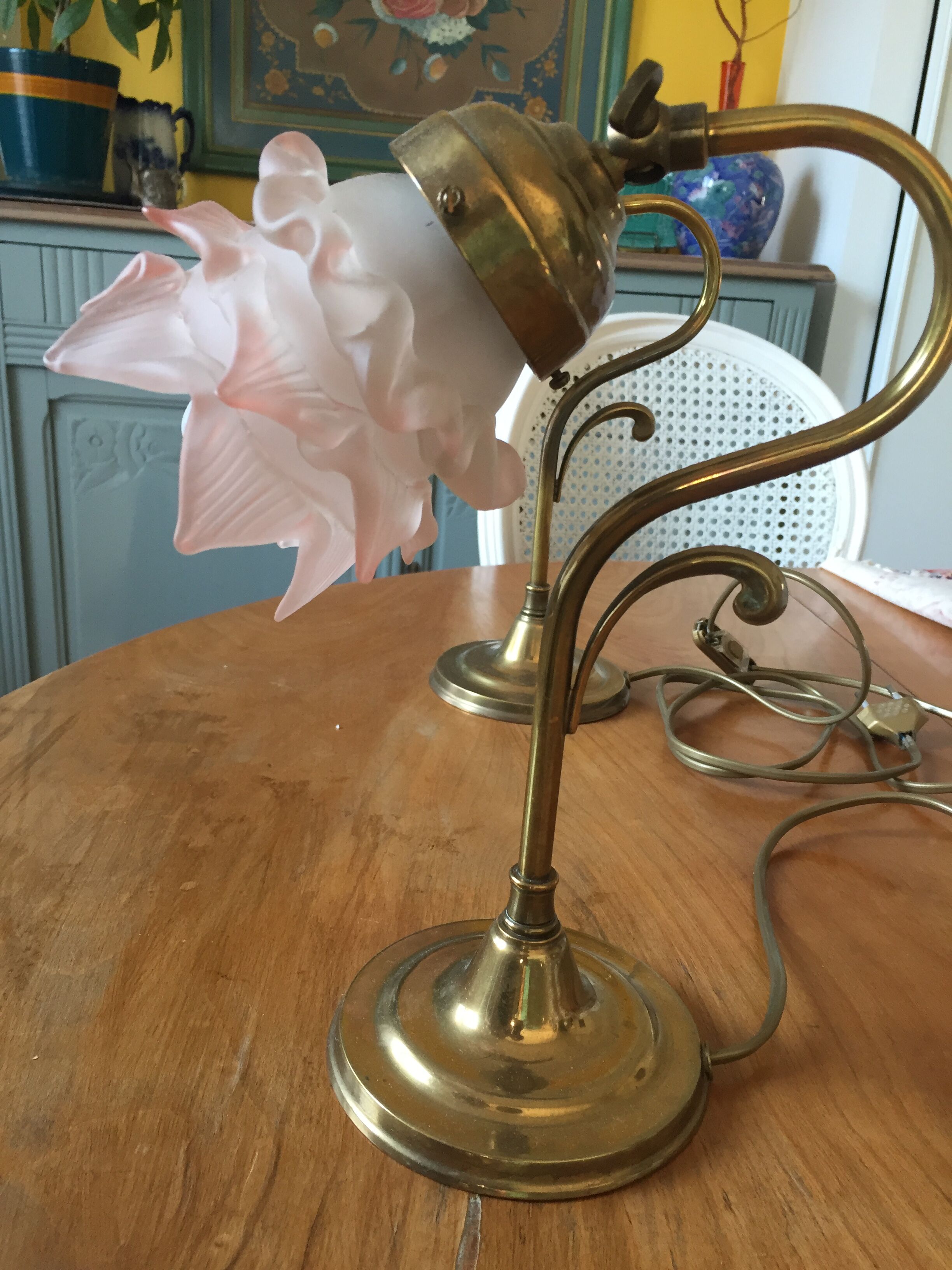 Old bedside lamp flower in art nouveau style glass paste