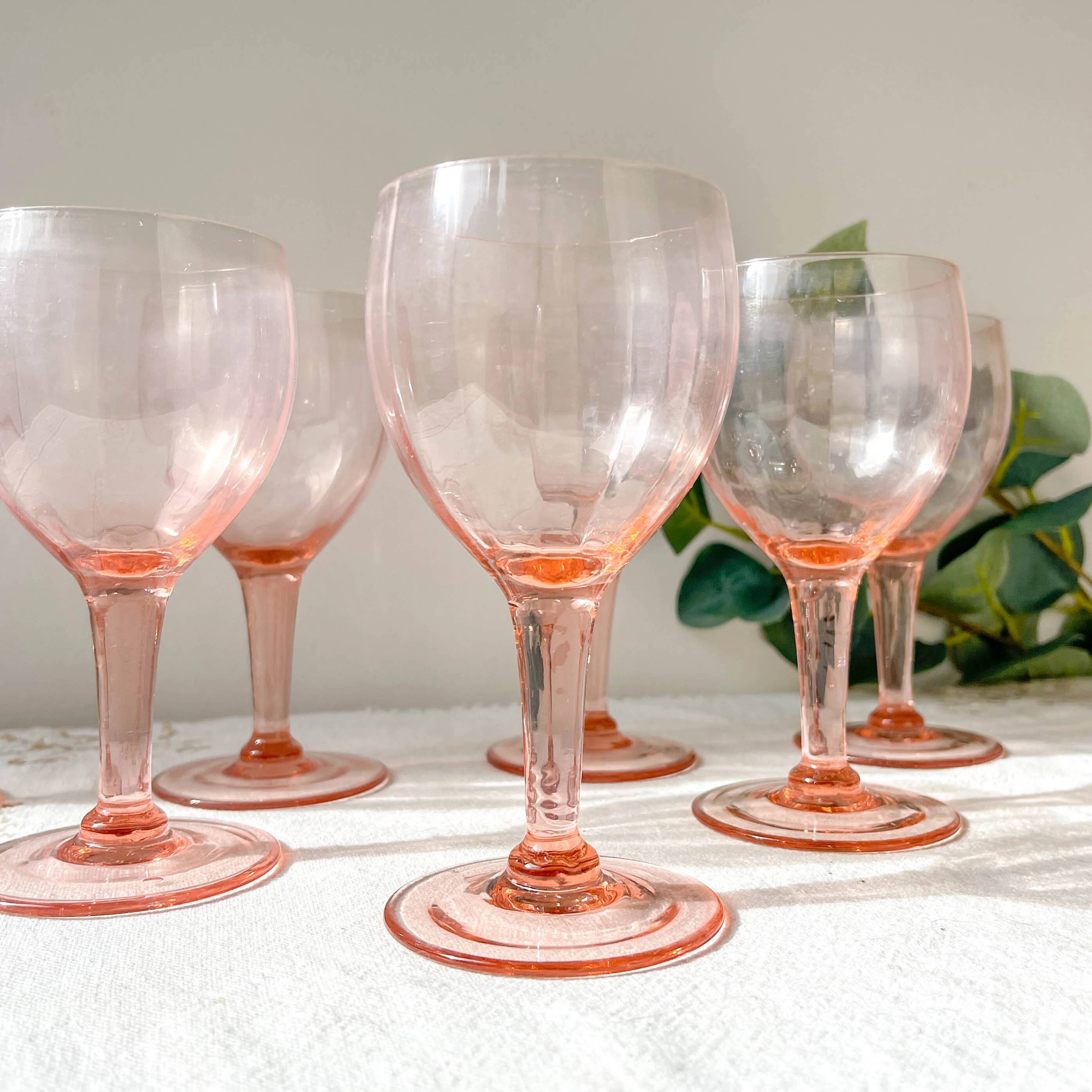 7 vintage pink faceted glass water glasses from the 1950s