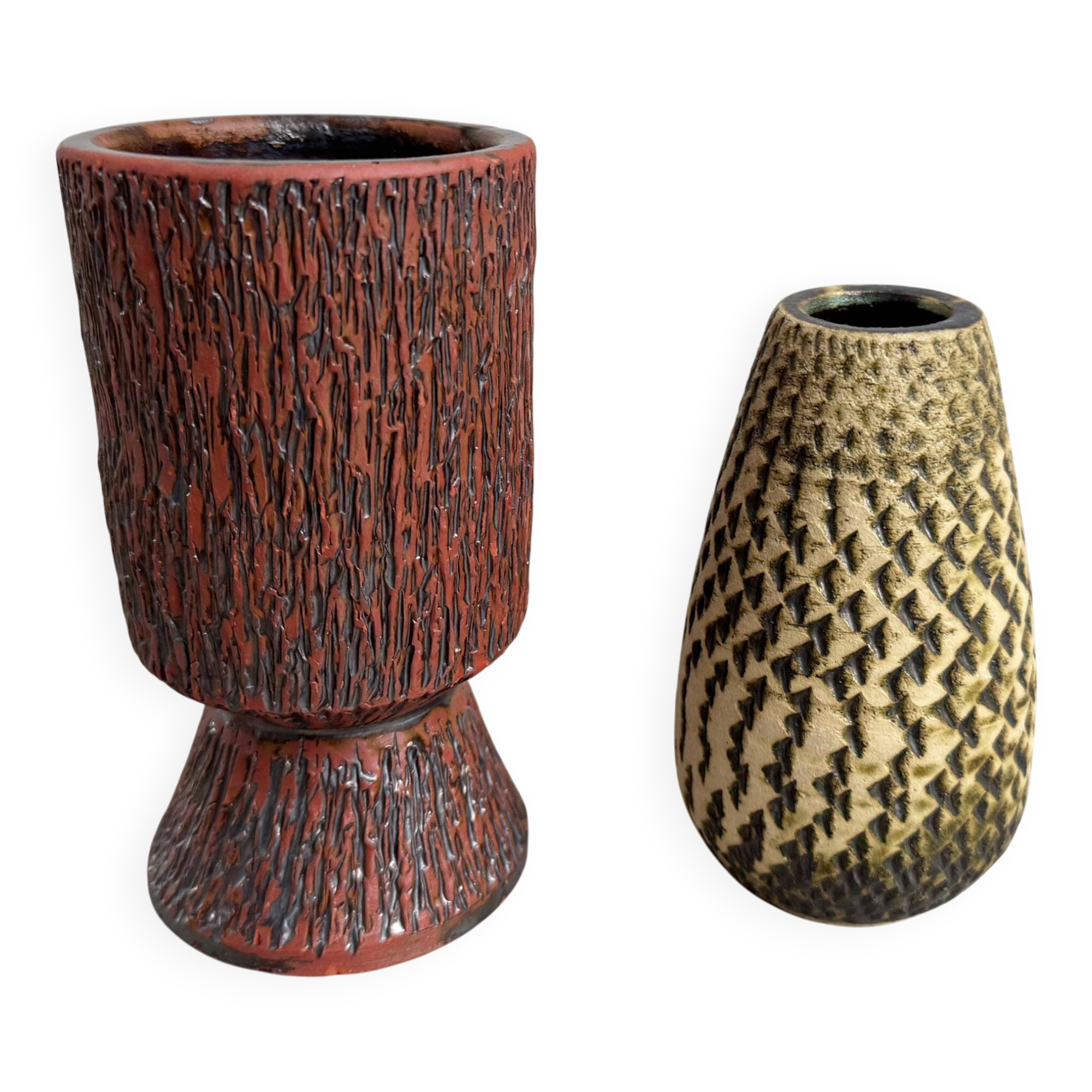 Set of 2 small vintage Dutch Chamotte ceramic vases
