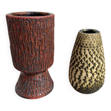 Set of 2 small vintage Dutch Chamotte ceramic vases
