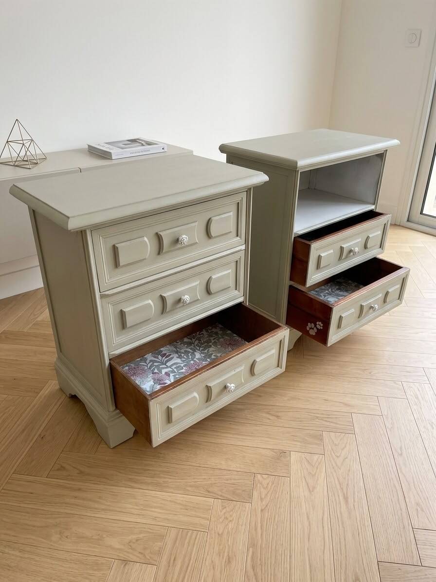 Pair of revamped clay green bedside tables