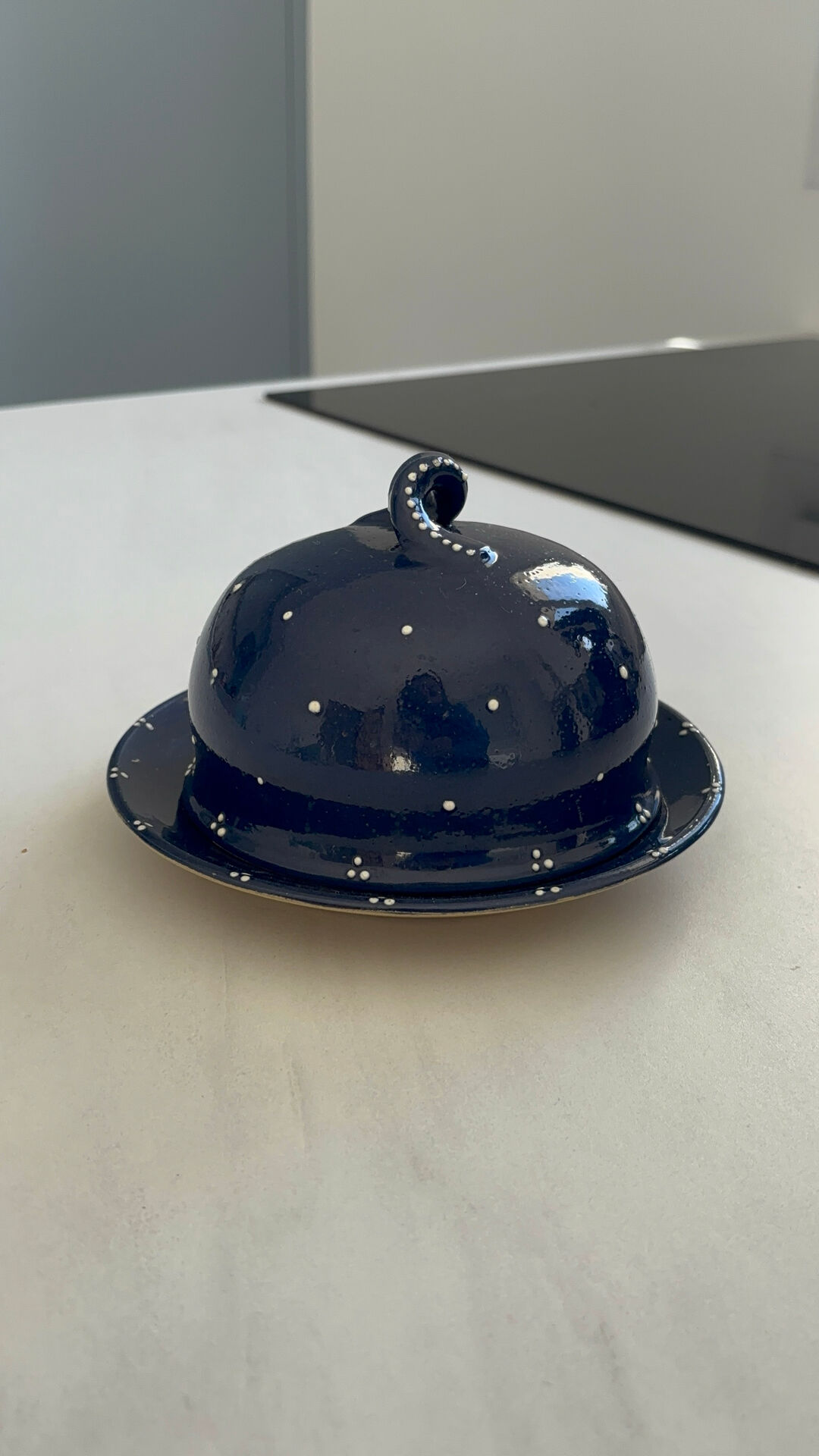 Vintage artisanal blue night ceramic butter dish in Alsatian style.