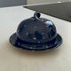 Vintage artisanal blue night ceramic butter dish in Alsatian style.