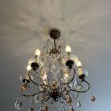 chandelier with 6 candlesticks and pink and transparent pendants