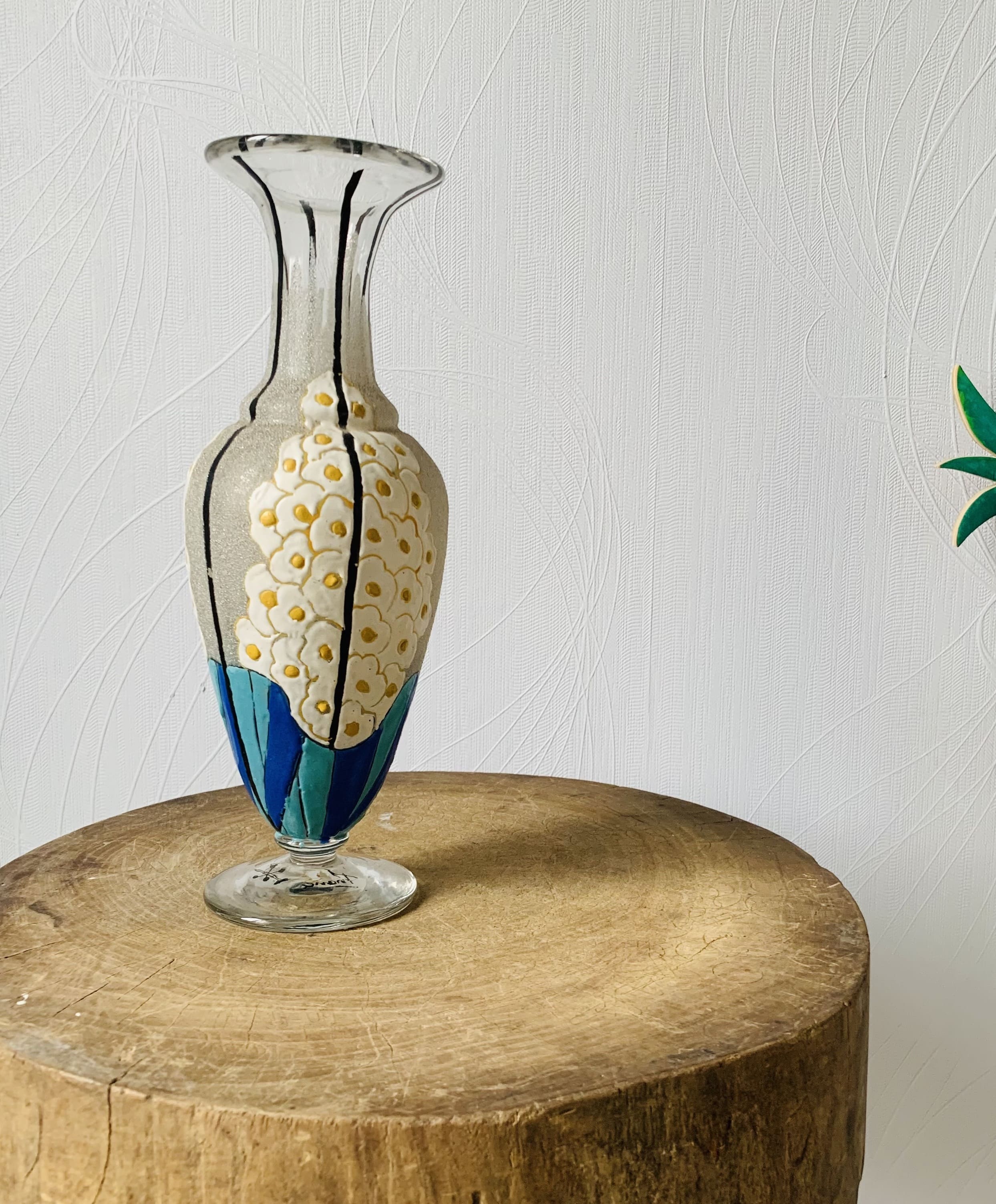 Glass and enamel vase with art deco flower decoration signed Mazoyer
