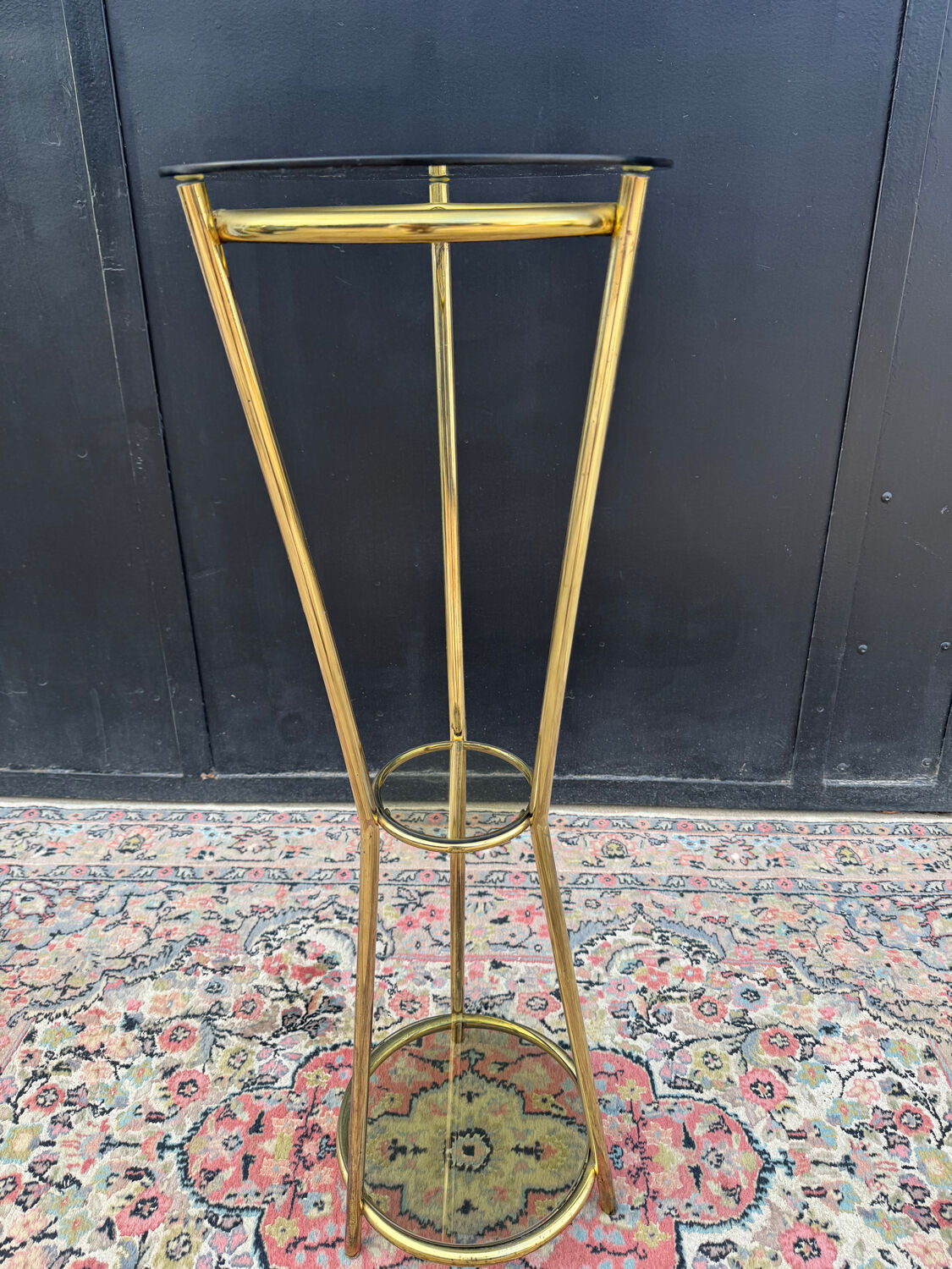 Golden tripod stand with smoked glass from the 1970s.